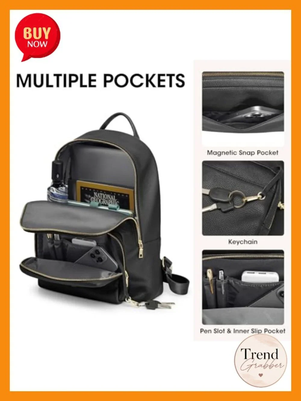 Leather Backpack for Women with Back Zipper Pocket, Laptop Compartment,